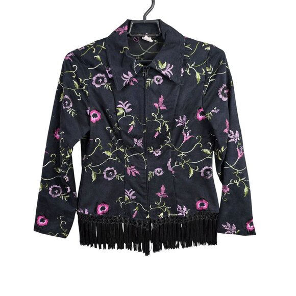 Womens Ranch Dressing Black Floral Embroidered Jacket Fringe Hem Polyester S - Picture 1 of 10